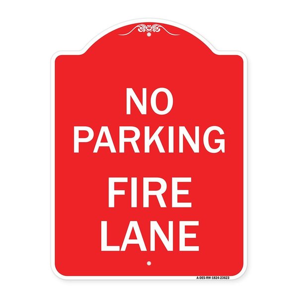 Signmission No Parking Fire Lane W/ Striped Border, Red & White Aluminum Sign, 18" x 24", RW-1824-23623 A-DES-RW-1824-23623